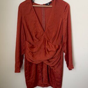 Missguided Rust Red Draped Long Sleeve Mini Dress – Size US 12 – Modern & Chic